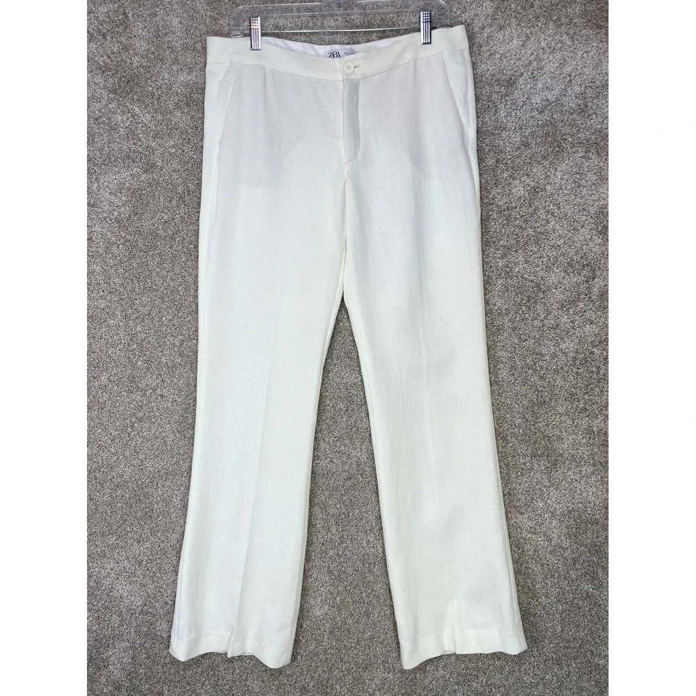 Zara Linen Wide Leg Pants Womens M White High Rise Minimalist Breathable Office